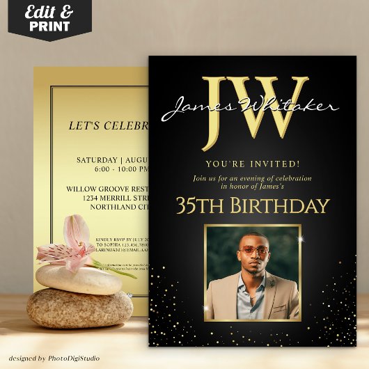 Aangepaste Initialen Elegant Zwart Goud 35e Verjaa Kaart