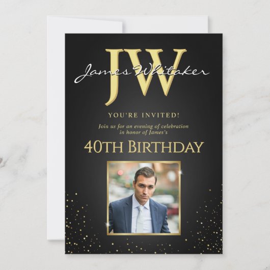 Aangepaste Initialen Elegant Zwart Goud 40e Verjaa Kaart (Voorkant)
