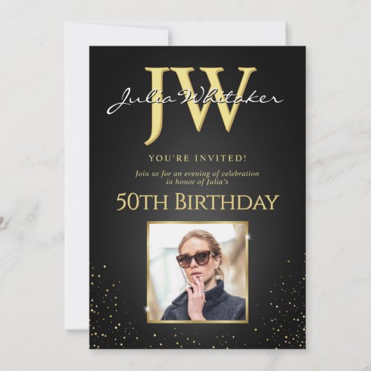 Aangepaste Initialen Elegant Zwart Goud 50ste Verj Kaart (Voorkant)