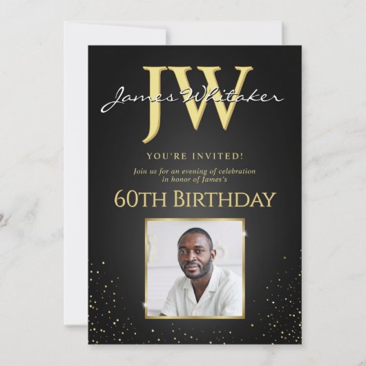 Aangepaste Initialen Elegant Zwart Goud 60e Verjaa Kaart (Voorkant)