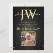 Aangepaste Initialen Elegant Zwart Goud 80ste Verj Kaart (Voorkant)