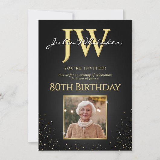 Aangepaste Initialen Elegant Zwart Goud 80ste Verj Kaart (Voorkant)