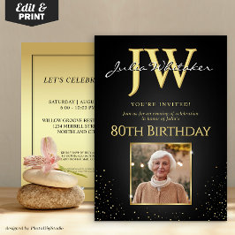 Aangepaste Initialen Elegant Zwart Goud 80ste Verj Kaart