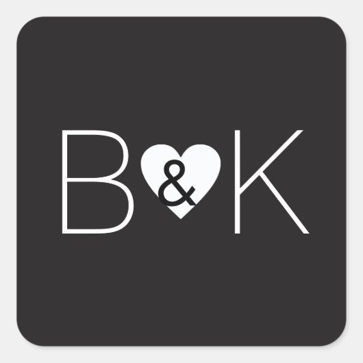 Aangepaste initialen met een wit liefdeshart.. bru vierkante sticker (Voorkant)
