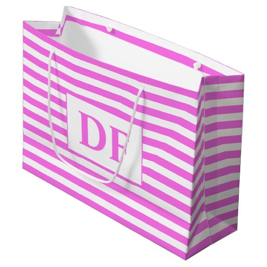 Aangepaste Initialen roze/witte strepen Groot Cadeauzakje (Voorkant Gekanteld)