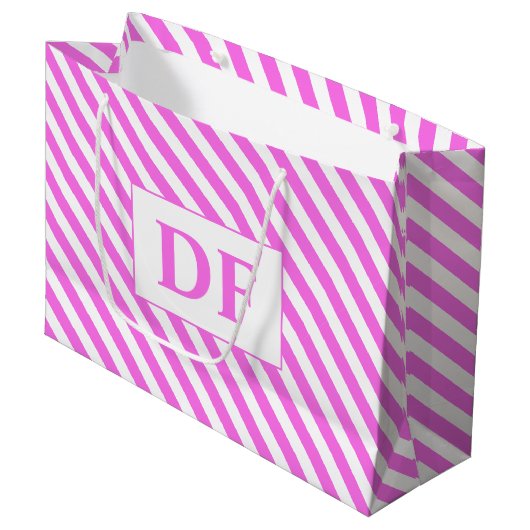 Aangepaste Initialen roze/witte strepen Groot Cadeauzakje (Voorkant Gekanteld)