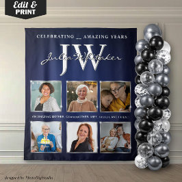 Aangepaste Initialen Verjaardag Banner Blue Silver Wandkleed