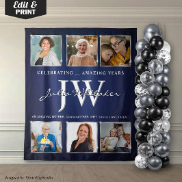 Aangepaste Initialen Verjaardag Banner Blue Silver Wandkleed