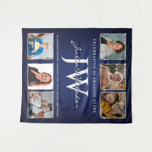 Aangepaste Initialen Verjaardag Banner Blue Silver Wandkleed (Voorkant (horizontaal))