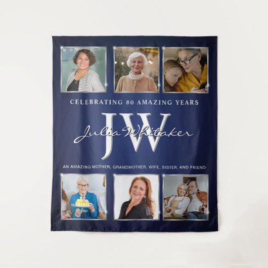 Aangepaste Initialen Verjaardag Banner Blue Silver Wandkleed (Voorkant)