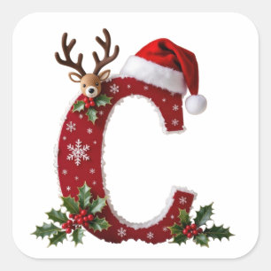 Aangepaste initiële monogram C rendier Santa's hoe Vierkante Sticker