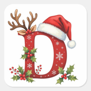 Aangepaste initiële monogram D gewei Kerstmannen-s Vierkante Sticker