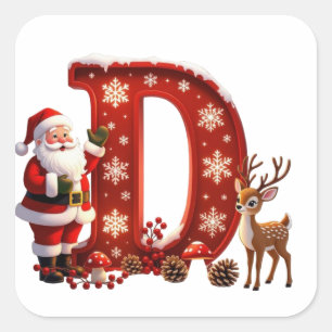 Aangepaste initiële monogram D hert Kerstman sneeu Vierkante Sticker
