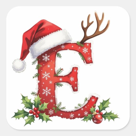 Aangepaste initiële monogram E gewei Kerstmannen-s Vierkante Sticker (Voorkant)