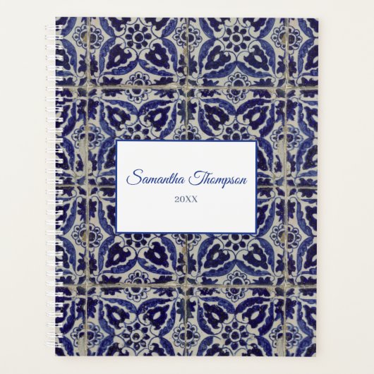 Aangepaste Italiaanse Azulejo Blue White Geometric Planner (Voorkant)