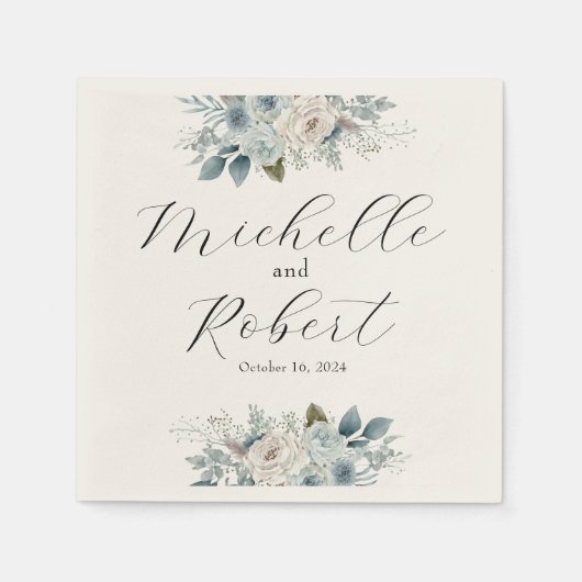 Aangepaste Ivoor & Blauw Bloemen Bruiloft Servet (Voorkant)