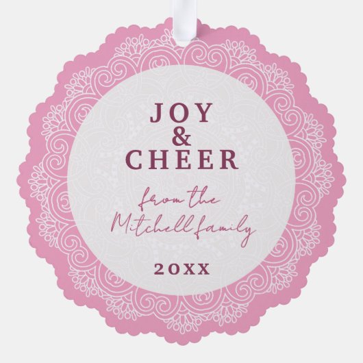 Aangepaste Ivoor Wit Mandala krans op roze Ornament Kaart (Achterkant)