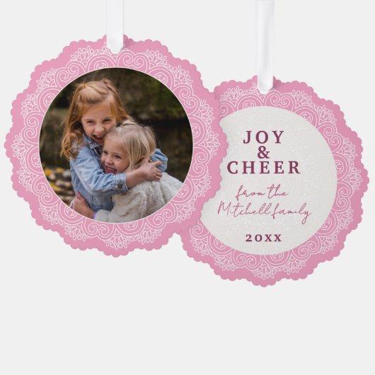 Aangepaste Ivoor Wit Mandala krans op roze Ornament Kaart (Voorkant / Achterkant)