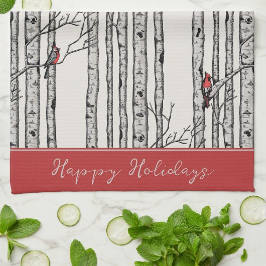 Aangepaste Ivoorberkenbomen en Rode Kardinaalvogel Theedoek (Gevouwen)