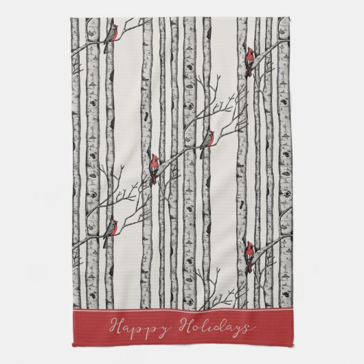 Aangepaste Ivoorberkenbomen en Rode Kardinaalvogel Theedoek (Verticaal)