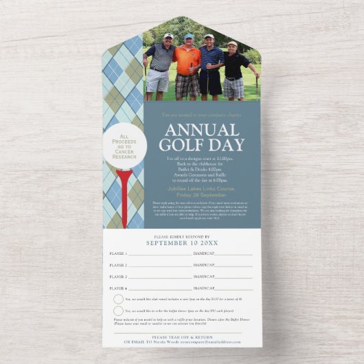 Aangepaste jaarlijkse golfdag blauwe vlek foto en all in one uitnodiging (Binnen)