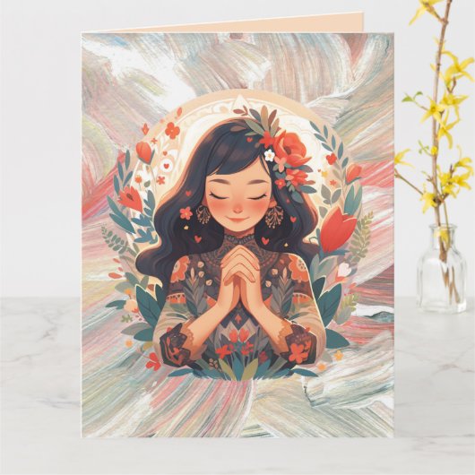 Aangepaste jong meisje biddende florale Sinaasappe Kaart (Gele Bloem)