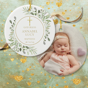 Aangepaste jongen of meisje doop foto groen goud keramisch ornament