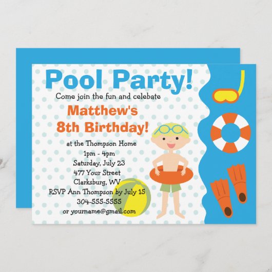 Aangepaste Jongen Pool Party Birthday Kaart (Voorkant / Achterkant)