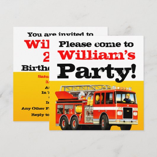 Aangepaste Jongen's 2e Birthday Fire Truck Party Kaart (Voorkant / Achterkant)
