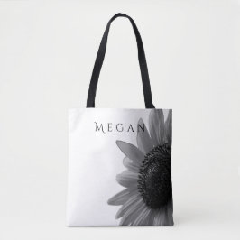 Aangepaste Jouw naam Elegant Zwart & Wit Zonnebloe Tote Bag