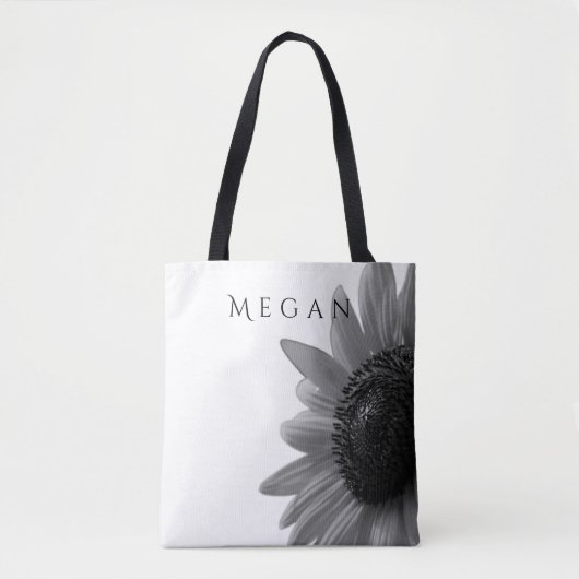 Aangepaste Jouw naam Elegant Zwart & Wit Zonnebloe Tote Bag (Voorkant)
