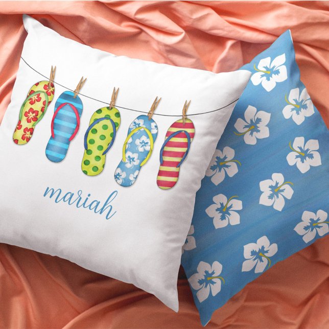 Aangepaste kalligrafie Script Beach Kussen (Cute Beach Flip Flops Personalized Pillow. )