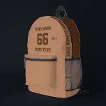Aangepaste kameel naam, nummer, Team Sport Bedrukte Rugzak<br><div class="desc">Creëer uw eigen aangepaste camel Sport Football Style Gedrukte rugzak met naam, nummer, teamnaam, slogan en jaar. Personaliseer deze eenvoudige klassieke sjabloon voor gedrukte rugzakken met uw aangepaste bericht, naam, teamnaam en jaar. Personaliseer het gemakkelijk voor een coole sport aandenken. Creëer Uw unieke gepersonaliseerde cadeau voor coach, jongensverjaardag, football speler,...</div>