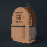 Aangepaste kameel naam, nummer, Team Sport Bedrukte Rugzak<br><div class="desc">Creëer uw eigen aangepaste camel Sport Football Style Gedrukte rugzak met naam, nummer, teamnaam, slogan en jaar. Personaliseer deze eenvoudige klassieke sjabloon voor gedrukte rugzakken met uw aangepaste bericht, naam, teamnaam en jaar. Personaliseer het gemakkelijk voor een coole sport aandenken. Creëer Uw unieke gepersonaliseerde cadeau voor coach, jongensverjaardag, football speler,...</div>