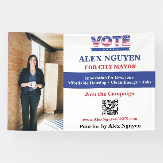 Aangepaste kandidaat foto QR-code politieke campag Spandoek (Horizontaal)