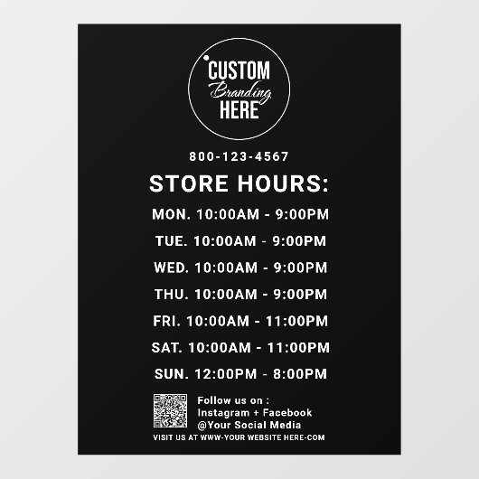 Aangepaste kantooruren Wit Logo Tekst Zwart Terug Raamsticker (Vel)