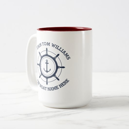 Aangepaste kapitein en anker naam boot tweekleurige koffiemok (Voorkant links)