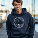 Aangepaste kapitein en bootnaamankertouw hoodie<br><div class="desc">Navy blue hoodie shirt met een elegant anker en touwembleem met uw aangepaste naam en bootnaam.</div>