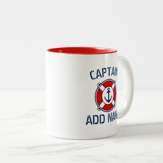Aangepaste kapitein naam marineankerringboei-mok tweekleurige koffiemok (Voorkant rechts)