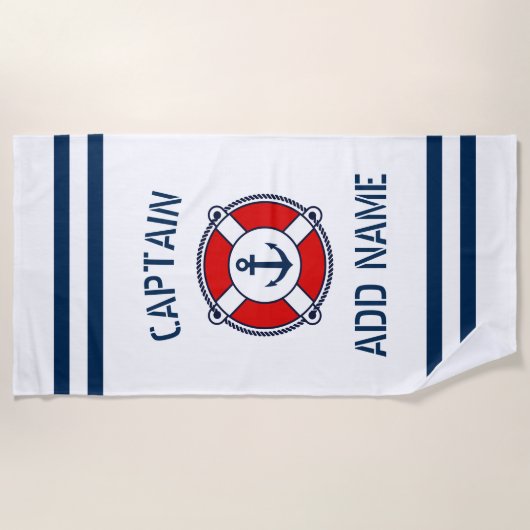 Aangepaste kapitein naam zeemankerringboei strandlaken (Voorkant)