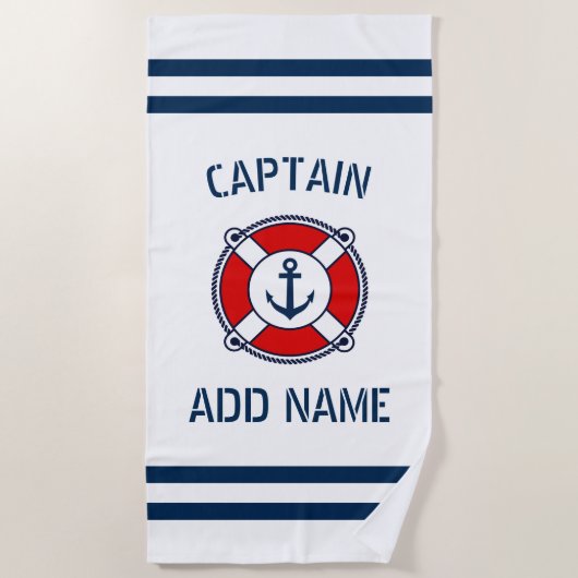 Aangepaste kapitein naam zeemankerringboei strandlaken (Voorkant)