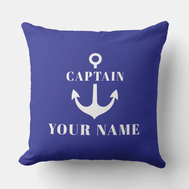 Aangepaste kapiteinsnaam Anker Blauw Kussen (Voorkant)
