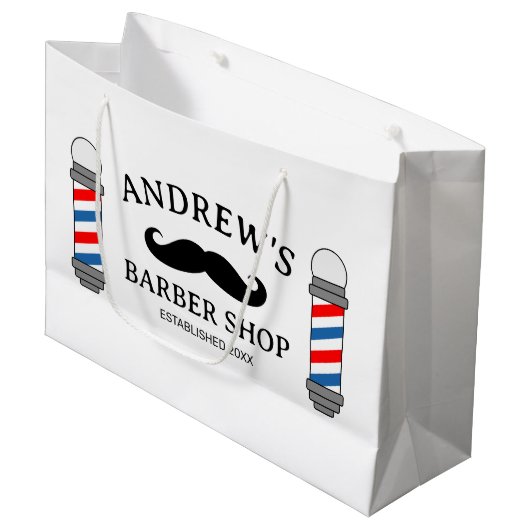 Aangepaste kapper winkel geschenktas met snor logo groot cadeauzakje (Voorkant Gekanteld)