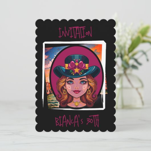 Aangepaste karikatuur vrouw met pet 30ste verjaard kaart (Staand voorkant)