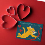 Aangepaste kat Cupido Valentijnsdag Briefkaart<br><div class="desc">Stuur de Purrfect Valentijnsdag groeten met dit briefkaart. Het toont een cartoon-achtige afbeelding van een oranje poes die zijn beste imitatie van een Cupid doet met een aantal feestelijke rode hartafspraken tegen een donkerblauwe achtergrond. Het is klaar om gepersonaliseerd te worden met je eigen boodschap op de voorkant in blauwgroen...</div>