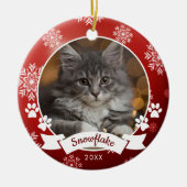 Aangepaste Kat Huisdier Foto Paw Prints Rode Kerst Keramisch Ornament (Voorkant)