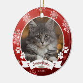 Aangepaste Kat Huisdier Foto Paw Prints Rode Kerst Keramisch Ornament (Links)