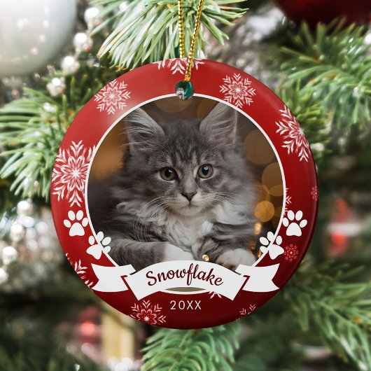 Aangepaste Kat Huisdier Foto Paw Prints Rode Kerst Keramisch Ornament