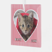 Aangepaste kat op rood en wit gestreepte hart op glas ornament (Voorkant links)