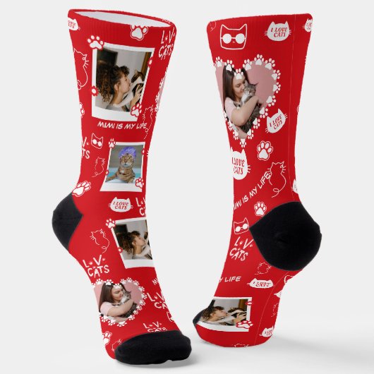 Aangepaste kattenfoto-collage sokken met naam (Gebogen)